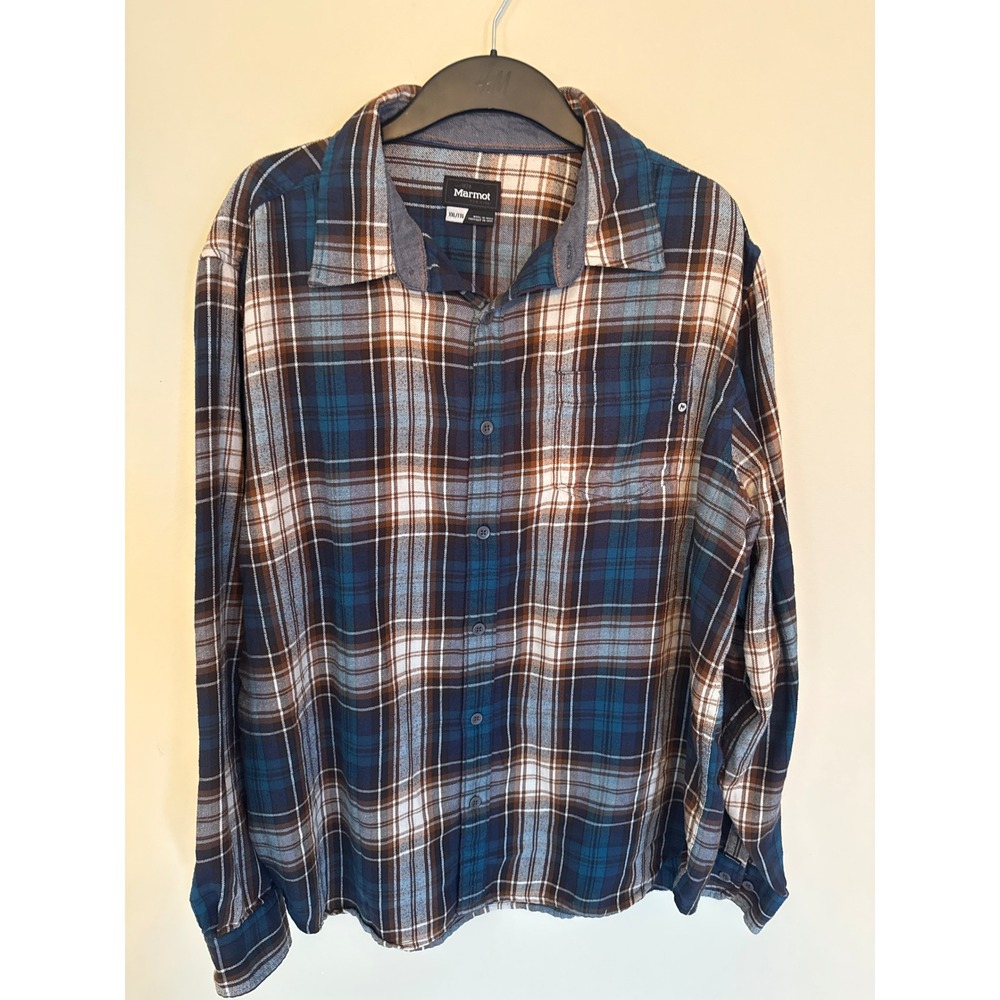 Marmot Mens XXL Blue Brown Plaid Flannel Long Sleeve Button Down Shirt